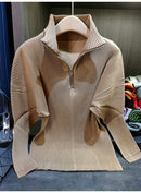 Miyake Pleated Sweatshirt Pit Stripe Zipper Standing Collar Jacket Women 2025 New Casual Pullover Hundred Pleat Skinny Tops