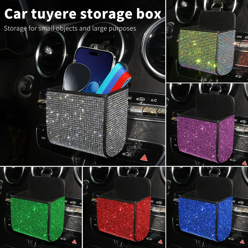 Crystal Diamond Car Vent Storage Box Auto Leather Organizer Cell Phone Glasses Key Card Holder Decor Car Accessories for Women