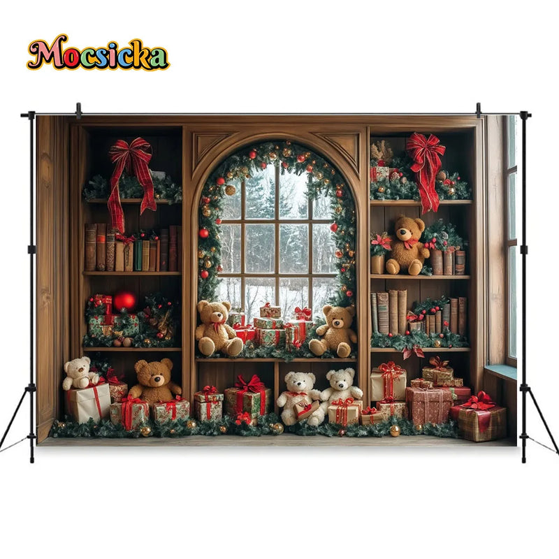 Christmas Toy Bear Gift Room Background Photography Kids Baby Show Wooden Bookshelf Window Backdrop Winter Xmas Tree Gift Booth