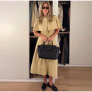 Women Trench Style Midi Dress Stand Collar Cape Overlay Short Sleeve Belted Waist A‑Line Dresses Autumn Elegant Office Outfits