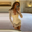 Sexy Lace Dress For Women Strapless Fishbone Corset Slim Waist Long Sleeve Mini Dresses 2026 New Hollow Out Party Two Piece Set