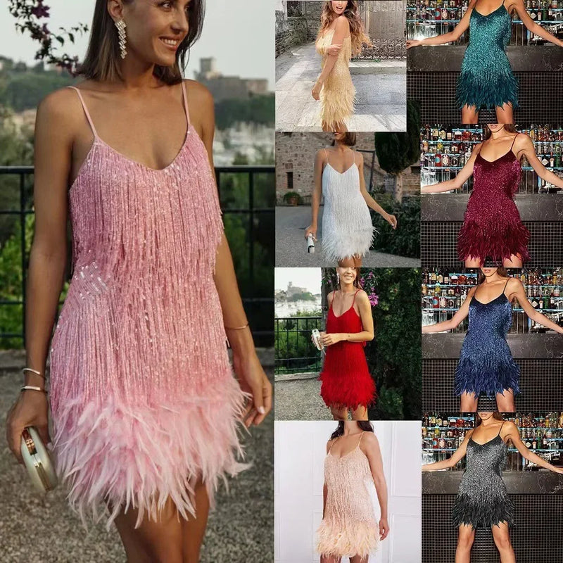 2024 Summer Pink Party Dress Evening Luxury Women Clothes Tassel Fringed Sexy Bodycon Dress Club Outfits Vestidos