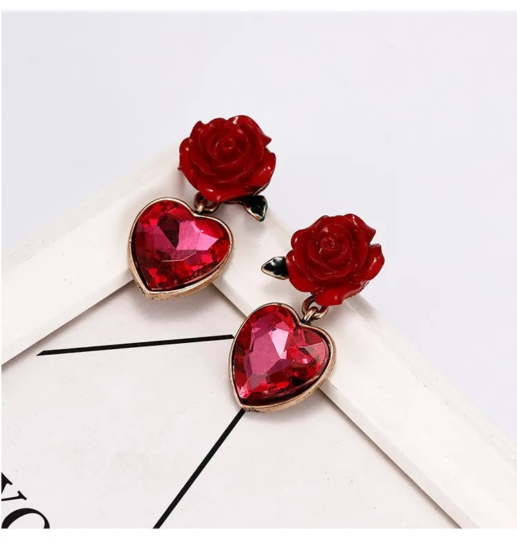 Fashion Jewelry Elegant New Arrival Red Color Rose Design Creative Lovely Memorable Heart Pendant Earring For Girfriend