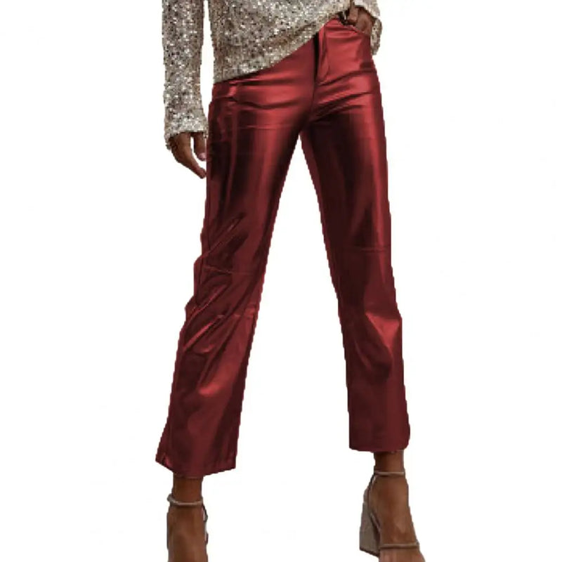 Women Metallic Straight-Leg PU Pants Faux Leather Mid Waist Zipper Breathable Club Party Lady Ninth Pants pantalones de mujer