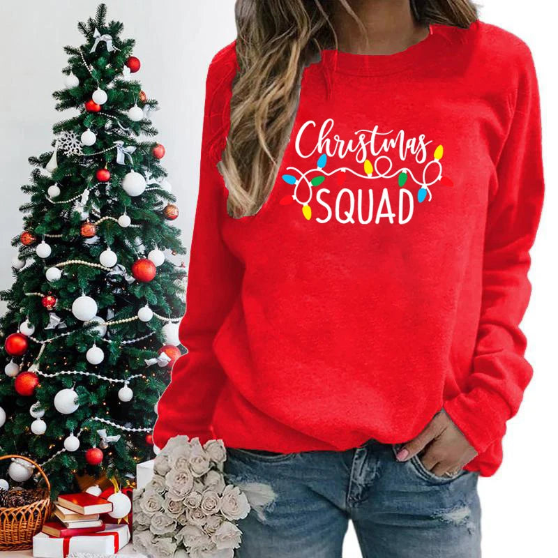 Christmas Lights Christmas Squad Print Crew Neck Sweatshirts Fashion Print Women Christmas Casual Sweatshirts Xmas Gifts