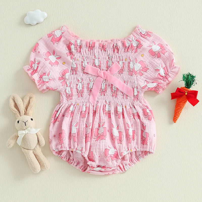 Baby Girls Rompers Easter Clothes Rabbit Print Bowknot Short Sleeve Summer Bodysuits Jumpsuits