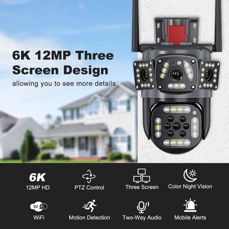 12MP 6K HD WiFi IP Camera Three Screens PTZ Camera Outdoor Ai Tracking 4K CCTV Video Surveillance Cam Smart Security Protection