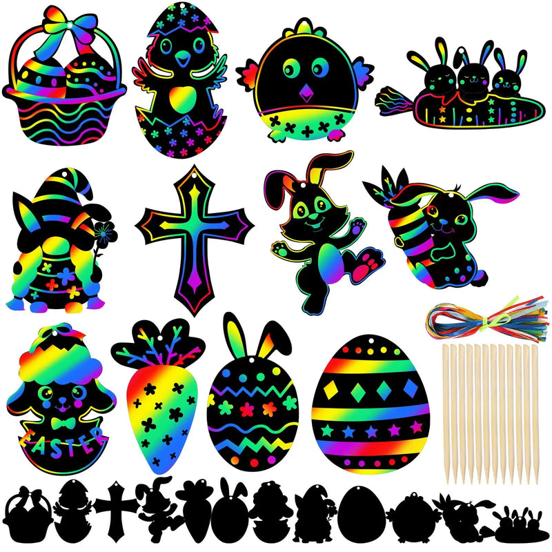 12pcs Easter Magic Scratch Paint Easter Eggs Crafts DIY for Making Holiday Gifts Egg Basket Fillers Party Decorations