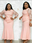 4XL 5XL Plus Size Christmas Dresses Women O Neck 3/4 Sleeve Long Maxi Dress Fashion Lace Patchwork Night Party Dress Vestidos