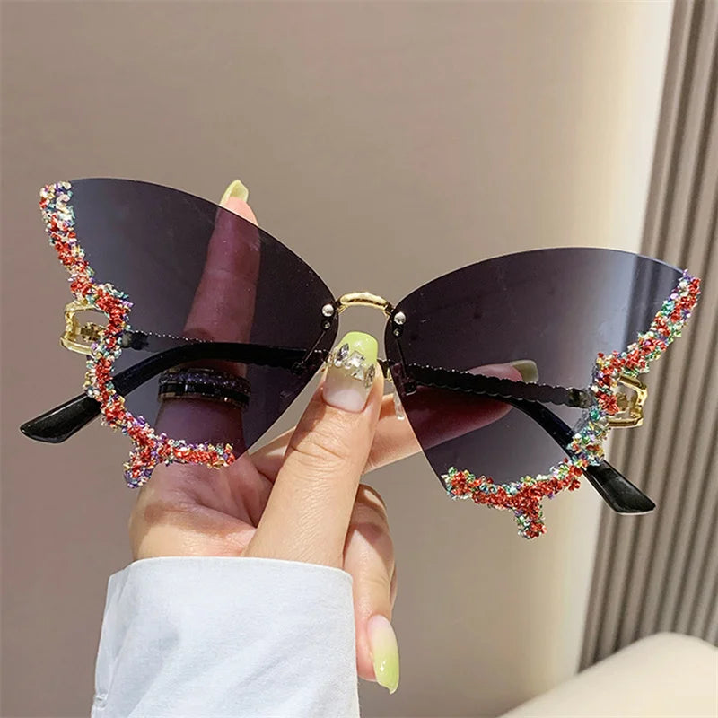 Luxury Diamond Butterfly Sunglasses Women Fashion Brand Y2k Vintage Rimless Oversized Sun Glasses Ladies Eyewear Gafas De Sol