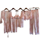 Print Women Satin Pajamas Suit Summer V-Neck Kimono Robe Gown Set With Cheast Pads Nightwear Sexy Lounge Wear Sleepwear