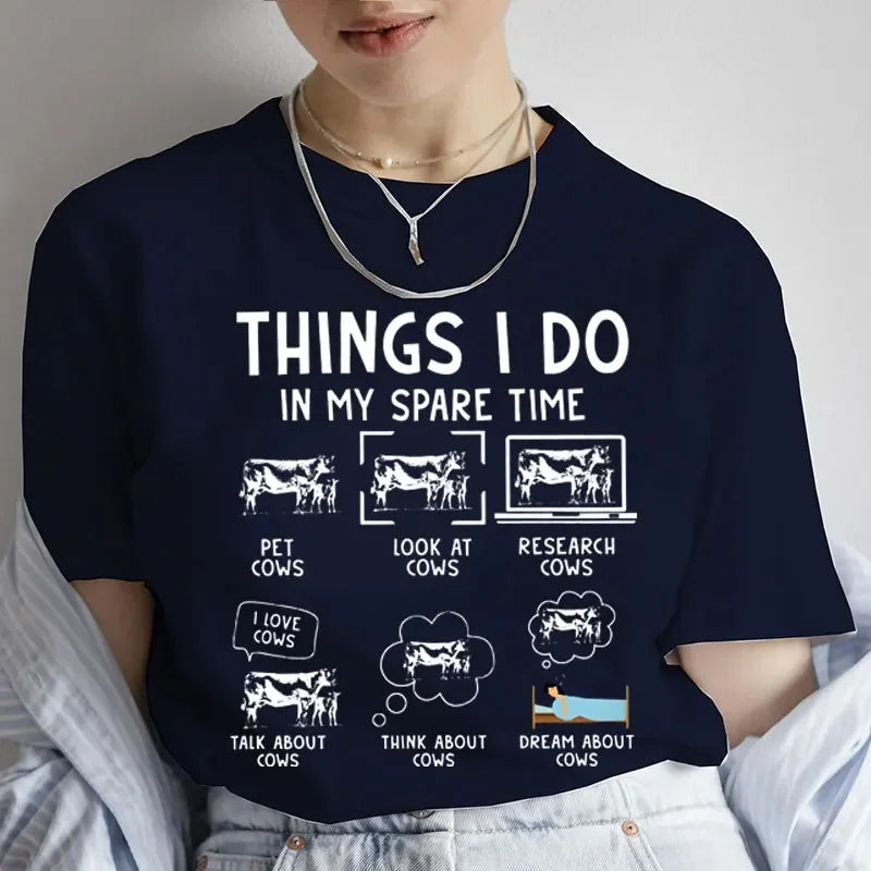 Trend Shirt Short Sleeve Fashion Summer Women Cow Things I Do in My Spare Time Cows Print T Shirt Casual Top Graphic Tee T-Shirt