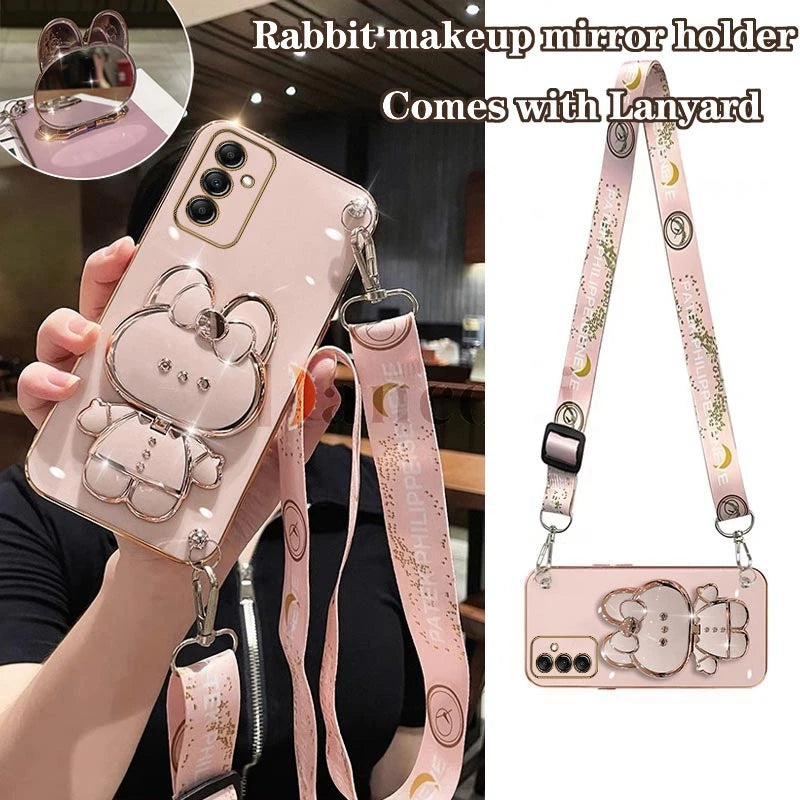 Crossbody Lanyard Plating Phone Rabbit Holder Case For Samsung Galaxy A14 A21S A20S A22 A23 A24 A25 A31 A42 A32 A33 A34 Cover