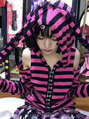 Gestreifter Print Gothic Grunge Hoodie Pink Schwarz Gothic Stil Hasenohren Hoodies Weiblich Fairy Harajuku Kawaii Slim Kapuzenpullover Egirl Top