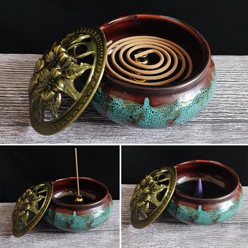 YXYMCF Ceramic Kiln Discoloration Incense Burner Household Incense Holder Zen Buddha Cone Coil Stick Incense Base Bronze Cover