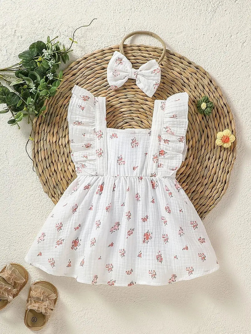 Girl's Clothing Baby Summer Printing Floral Square Collar Cute For Party Dress With Button