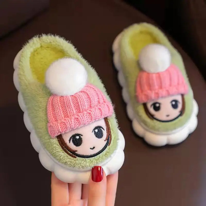 2023 New Winter 2-10y Girls Antiskid Cotton Shoes Children's Cute Cartoon Home Indoor Plush Slippers Warm Furry Kids Footwear
