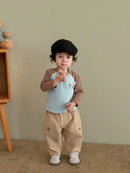 2026 Fall New Toddler Kids Pants Cotton Cartoon Embroidered Harem Pants Baby Boy Casual Striped Denim Baggy Trousers