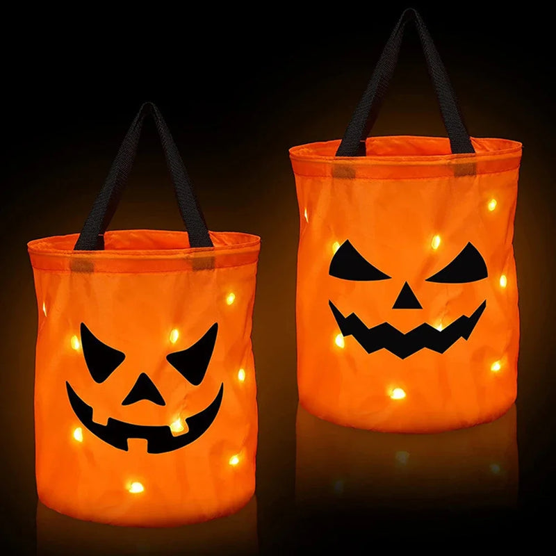 LED Light Halloween Trick or Treat Bucket Pumpkin Candy Bags Collapsible Halloween Basket for Thanksgiving Party Gift Basket