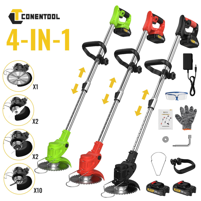 Conentool 21V Cordless Electric Lawn Mower 2*Batteries Grass Trimmer Adjustable Length Lightweight Household Garden Yard Cutting