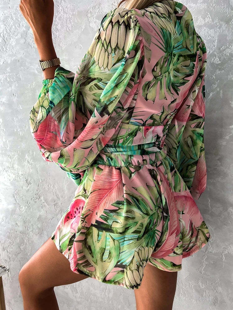 2023 Sexy Deep V Neck Jumpsuit For Women Summer Casual Boho Beach Vacation Outfit Fashion Print Lantern Sleeve Rompers Shorts