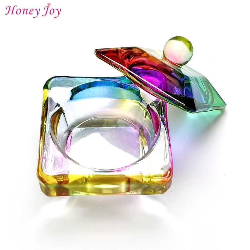 1 pc Rainbow Crystal Clear Acrylic Liquid Dish Dappen Dish Glass Cup with Lid Bowl for Acrylic Powder Monomer Nail Art Tool Kit