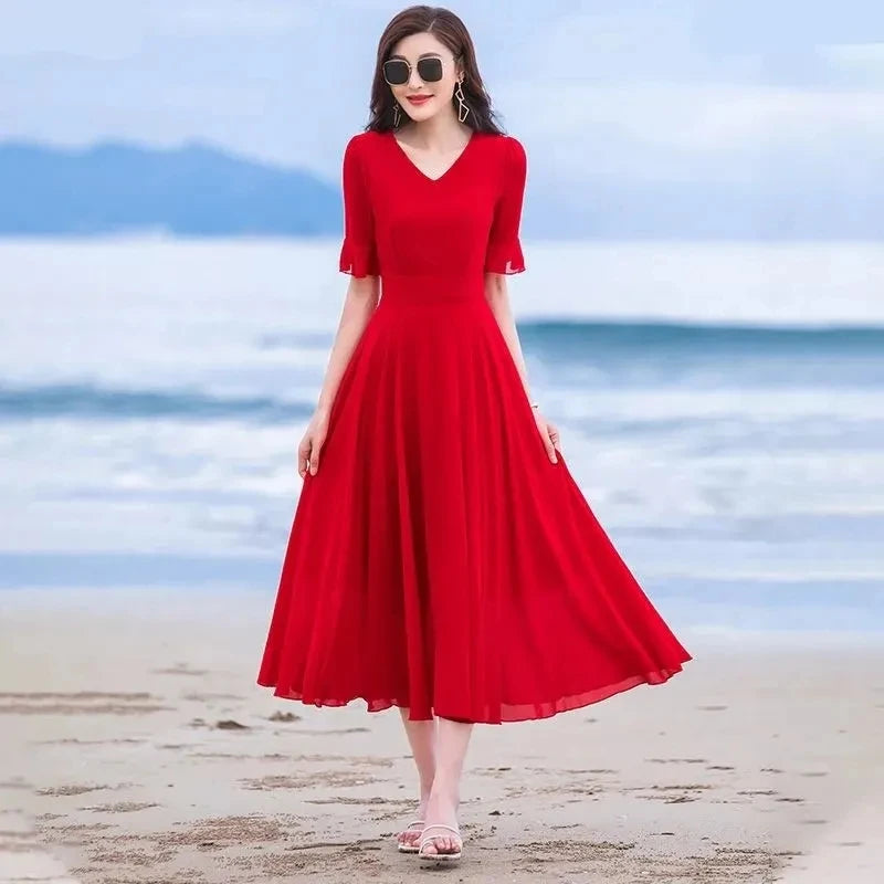 Summer Bohemian Women Long Dress Solid Color Short Sleeve V Neck 5XL Chiffon Sundress Maxi Evening Ladies Party Dress Vestidos