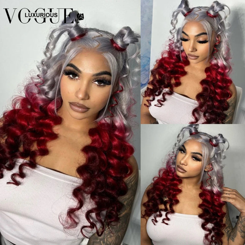 Ombre Silver Grey Colored Lace Front Wig Preplucked Red 4x4 Closure Wigs Ready to Wear Brazilian Virgin Human Hair Loose Deep