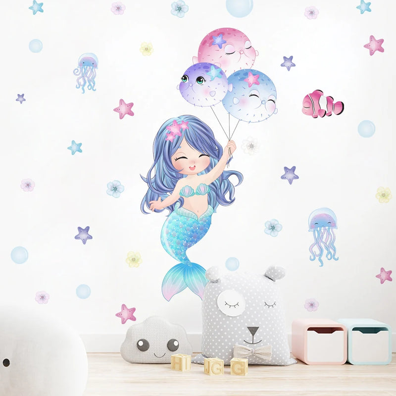 Cute Cartoon Mermaid Swinging Jellyfish Wall Stickers for Baby Girls Room Kids Room Wall Decals Nursery Living Room Decor