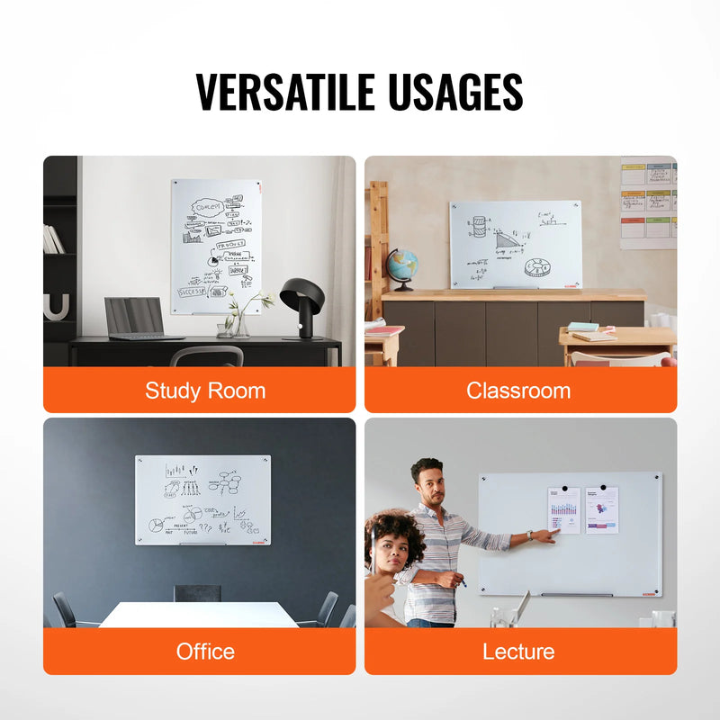 VEVOR Magnetic Glass Whiteboard 36"x24"/48"x32"/72"x36" Dry Erase Board Wall-Mount Large Frameless Glassboard for School Office