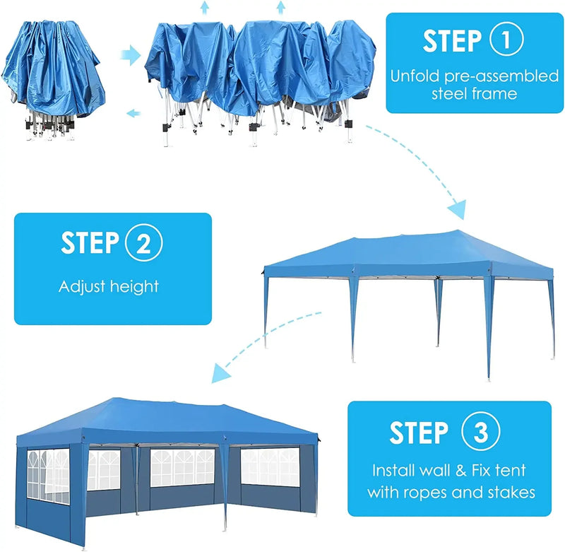3 X 6m Waterproof Pop Up Gazebo Outdoor Pavilion Tents Four Sides 420D Oxford Cloth Rainproof Canopy Tent for Wedding