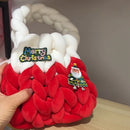 Women Hand-Woven Bag Icelandic Wool Chunky Knit Bag Hollow Out Soft Contrast Color with Short Handle Ladies Christmas Santa Bag