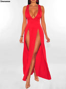 Womens Side Split Deep V Neck Bodycon Clubwear Maxi Vest Dress Sexy Sleeveless Bandage Slim Evening Cocktail Party  Long Dress