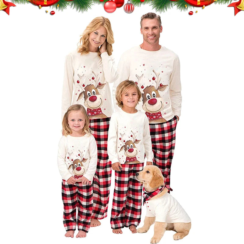 Family Christmas Matching Pajamas Set 2024 New Year Xmas Clothes Father Mom and Me Deer Top Red Plaid Pants Nightwear Pjs Outfit