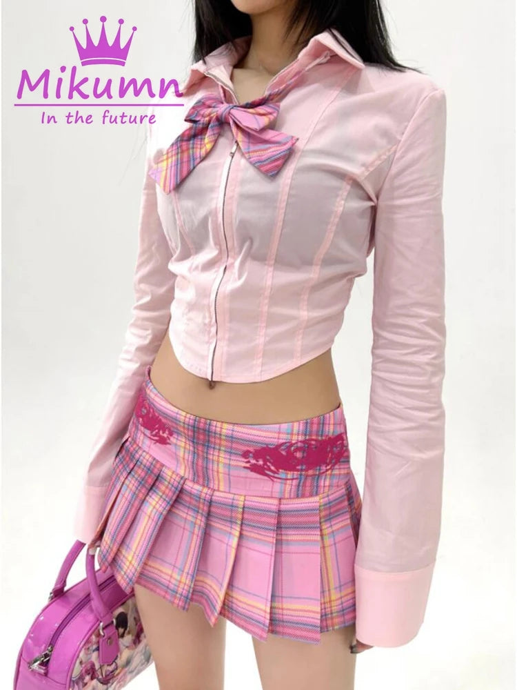 Pink Plaid Skirts Preppy Style Girls Sexy JK Pleated Mini Skirts With Shorts Y2k Kawaii Women Skirts