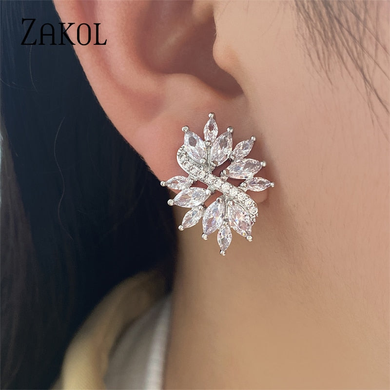 ZAKOL Delicate Cubic Zircon Crystal Stud Earrings for Women Fashionable White Color Flower Handmade Wedding Jewelry EP480