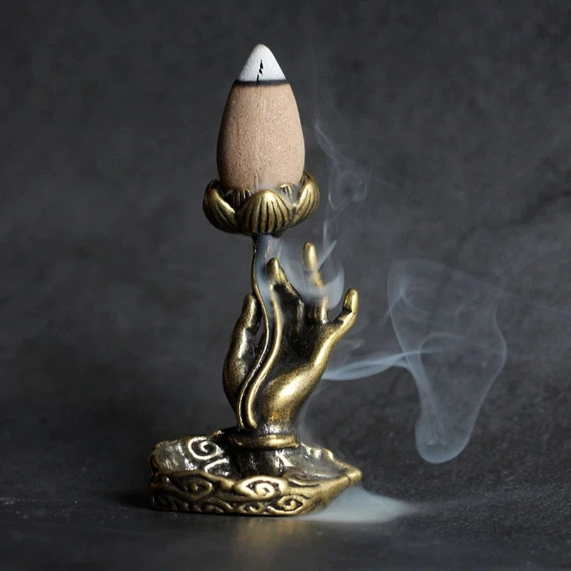 Vintage Buddha Hand Lotus Incense Burner Smoke Waterfall Incense Base Metal Backflow Incense Holder For Home Teahouse Tea Table