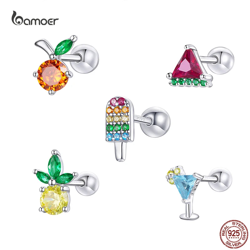 Bamoer 925 Sterling Silver Summer Drinks Sweet Heart Fruit Ice Creams Piercing Earrings for Fashion Women Fine Jewelry 1 Piece
