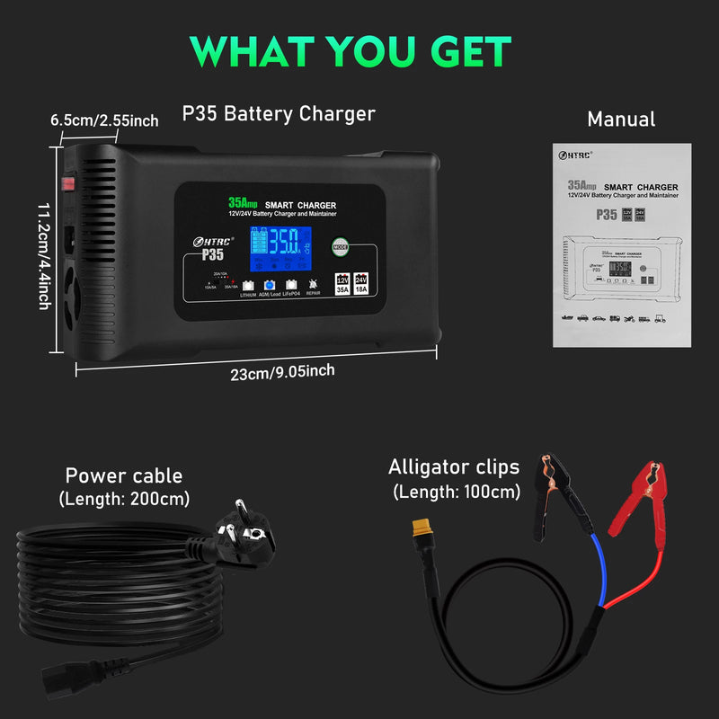 HTRC Large Power 35A 12V 24V Car Battery Charger for Auto Moto Truck Motorcycle AGM Lead Acid PB GEL LCD Display Smart Charging