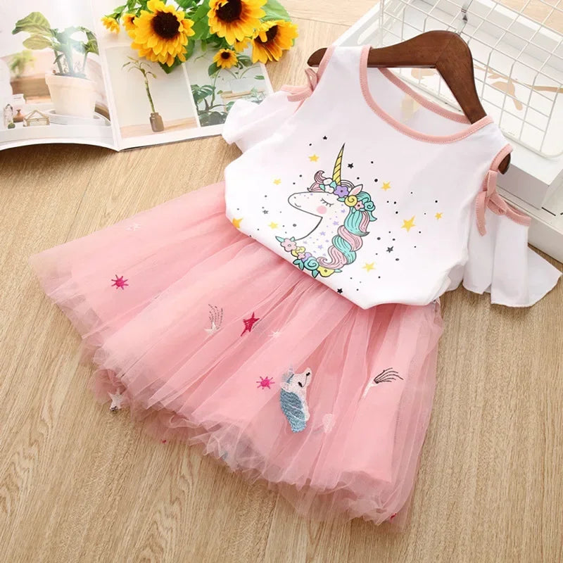 Children Girls Clothes Suit 2023 Summer  Baby Girl Cartoon  Short-sleeved T-shirt + Fluffy Skirt 2pcs Clothing Sets