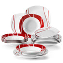 MALACASA 18/30 Piece Red Stripes Ivory White Porcelain Tableware Dinner Set with 6 Piece Cups Saucers Dessert Soup Dinner Plate