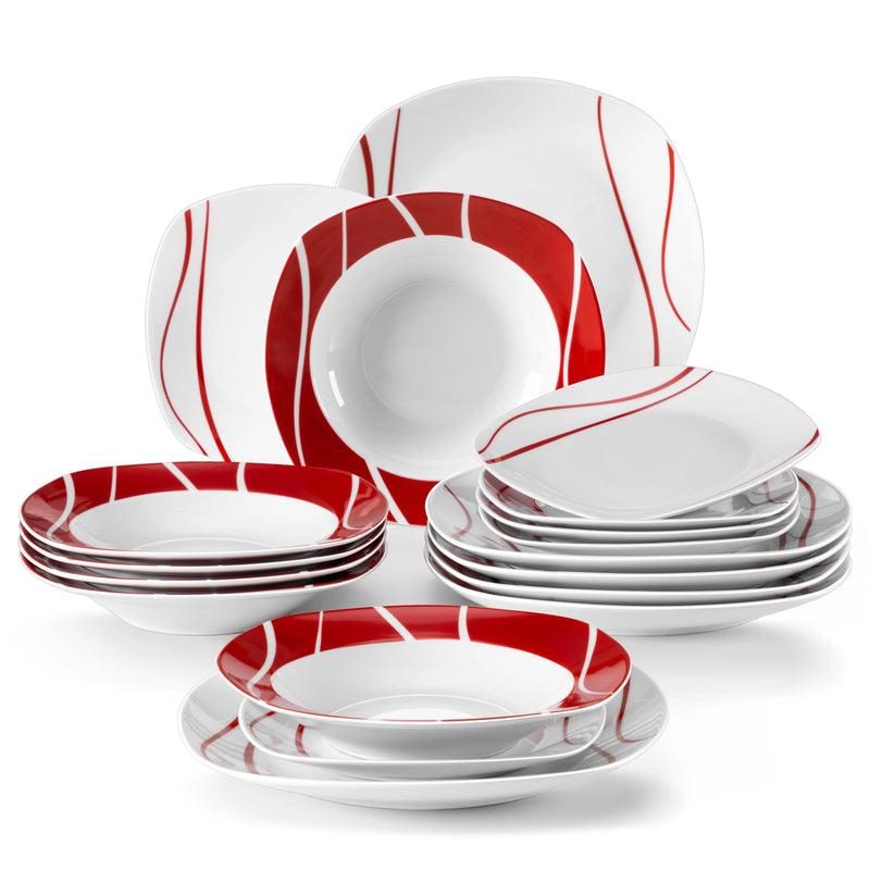 MALACASA 18/30 Piece Red Stripes Ivory White Porcelain Tableware Dinner Set with 6 Piece Cups Saucers Dessert Soup Dinner Plate