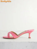 Sweet Cross-tied Slippers Solid Round Toe Shallow Stilettos Mules Fashion Casual Pull-on Outside Dress Shoes 2025 New Summer