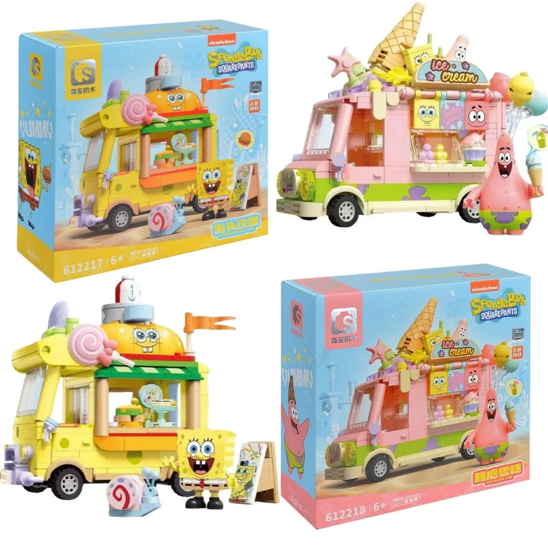 SpongeBob SquarePants Series Building Blocks Toys Hamburger Car Patrick Star Dessert Ice Cream Car Anime Model Blocks Kids Gifts