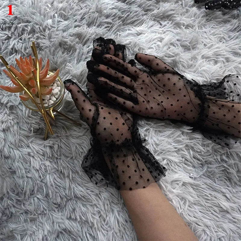 Retro Spring Summer Women Short Tulle Gloves White Black Wedding Gloves Stretchy Lace Full Finger Mittens Mesh Translucent Glove