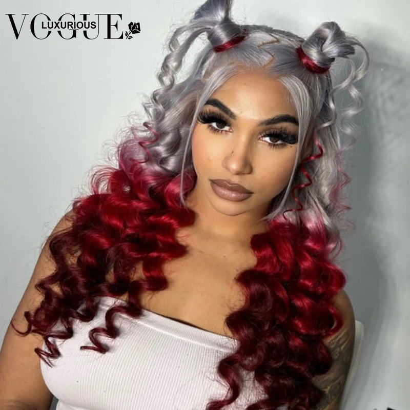 Ombre Silver Grey Colored Lace Front Wig Preplucked Red 4x4 Closure Wigs Ready to Wear Brazilian Virgin Human Hair Loose Deep