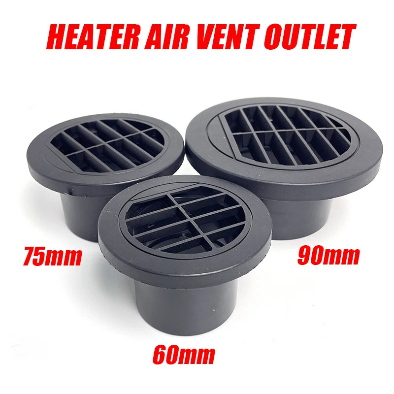 60mm / 75mm / 90mm Diesel Heater Duct Ducting Air Vent Outlet Flat Round Rotatable Connector Black For Car Truck VAN Camper