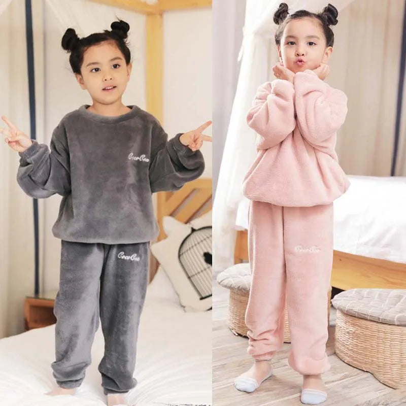 Coral Velvet Super Soft Pajamas Sets for Kids Boys Girls Long Sleeves Pants Lazy Children Sleepwear Sets Solid Nightwear Suits