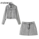 KADUWAKI Chic Able Faux Pearl Embellished Women's Short Denim Jacket 2-piece Set Retro Women's Elegant Zipper A-Line Mini Skirt
