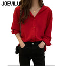 JOEVILU Red Chiffon Shirt Women French Elegant Long Sleeve Blouses Spring and Autumn Korean Fashion Tops Casual Sunscreen Jacket